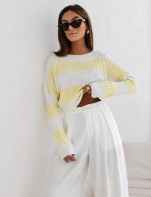 SWETER Milo Stripes L. Beige Żółty - COCOMORE