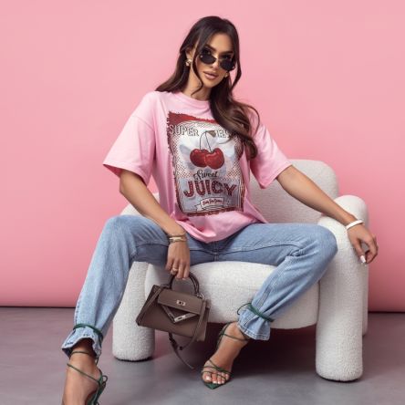T-SHIRT DAMSKI NADRUK JUICY RÓŻOWY - COCOMORE