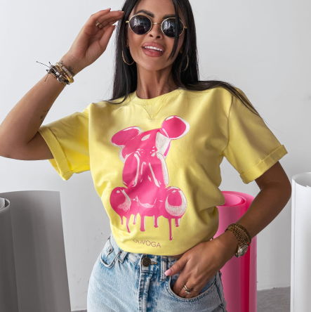 T-shirt damski GO ON 2025 żółty   - OLAVOGA