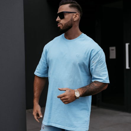 T-SHIRT MĘSKI OVERSIZE MEN WASHED BLUE  -OLAVOGA