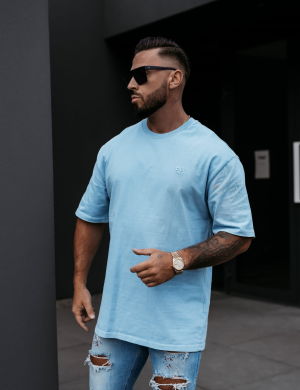 T-SHIRT MĘSKI OVERSIZE MEN WASHED BLUE  -OLAVOGA