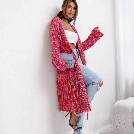 KARDIGAN SWETER MULTICOLOR Z FRĘDZLAMI OMBRE FUKSJA  -COCOMORE
