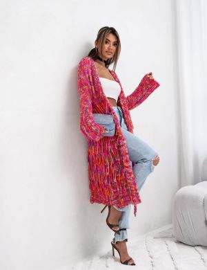 KARDIGAN SWETER MULTICOLOR Z FRĘDZLAMI OMBRE FUKSJA  -COCOMORE