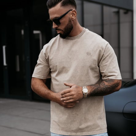 T-SHIRT MĘSKI OVERSIZE MEN WASHED BEIGE -OLAVOGA