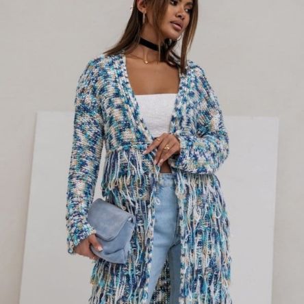 KARDIGAN SWETER MULTICOLOR Z FRĘDZLAMI NIEBIESKI OMBRE -COCOMORE