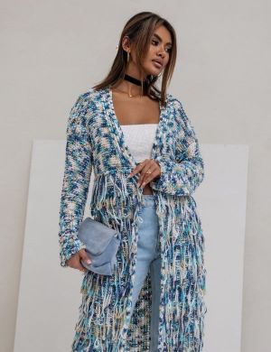 KARDIGAN SWETER MULTICOLOR Z FRĘDZLAMI NIEBIESKI OMBRE -COCOMORE