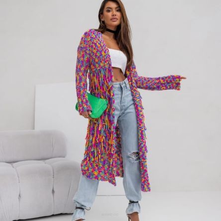KARDIGAN SWETER MULTICOLOR Z FRĘDZLAMI OMBRE -COCOMORE